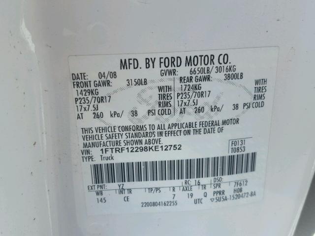 1FTRF12298KE12752 - 2008 FORD F150 WHITE photo 10