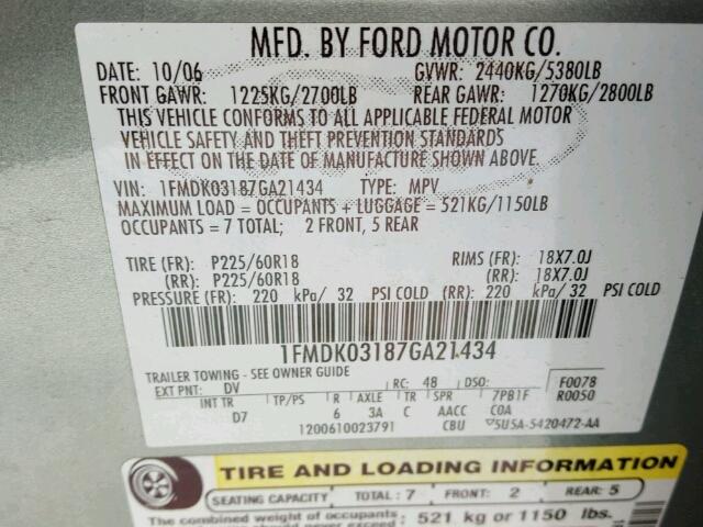 1FMDK03187GA21434 - 2007 FORD FREESTYLE BLUE photo 10