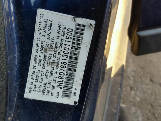 JHLRD78813C011500 - 2003 HONDA CR-V EX BLUE photo 10