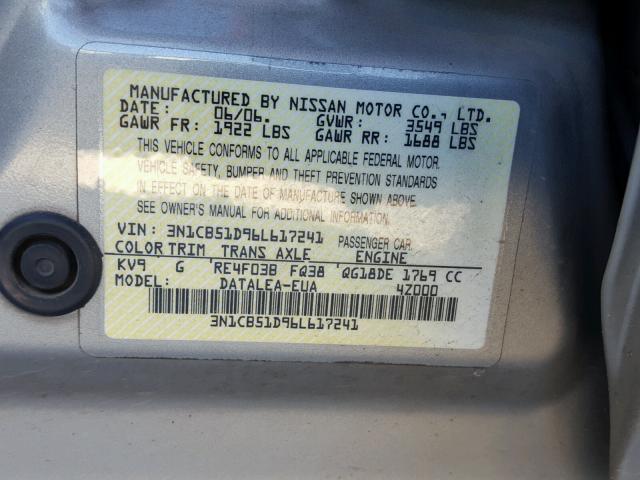 3N1CB51D96L617241 - 2006 NISSAN SENTRA 1.8 BEIGE photo 10