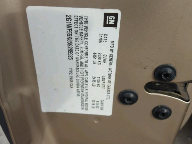 2G1WF55K859285925 - 2005 CHEVROLET IMPALA GOLD photo 10