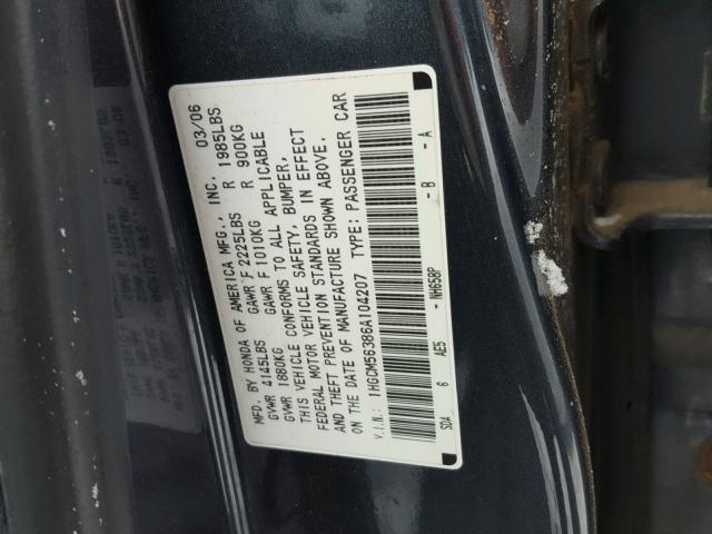 1HGCM56386A104207 - 2006 HONDA ACCORD SE GRAY photo 10