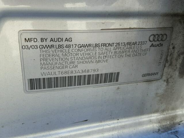 WAULT68E83A348793 - 2003 AUDI A4 3.0 QUA SILVER photo 10