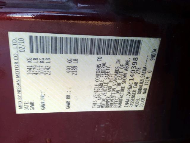 1N4AL2AP6AC140398 - 2010 NISSAN ALTIMA BAS BURGUNDY photo 10