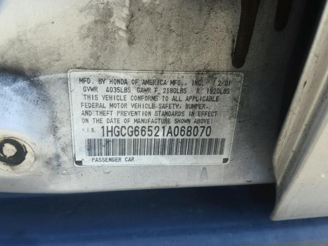 1HGCG66521A068070 - 2001 HONDA ACCORD LX SILVER photo 10