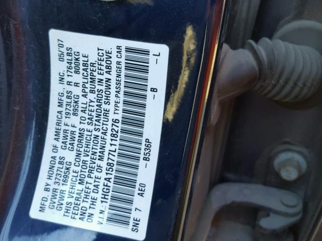 1HGFA15877L118276 - 2007 HONDA CIVIC EX ლურჯი ფოტო 10