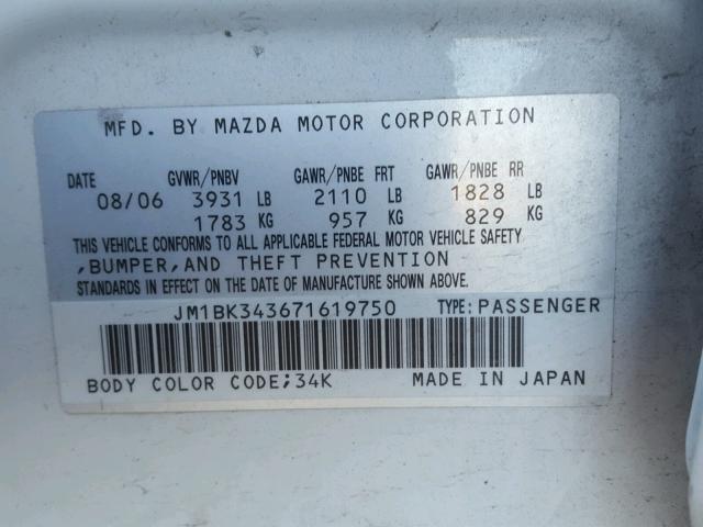 JM1BK343671619750 - 2007 MAZDA 3 HATCHBAC WHITE photo 10