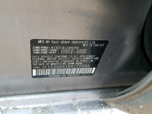 JF1SG66638H725999 - 2008 SUBARU FORESTER S SILVER photo 10