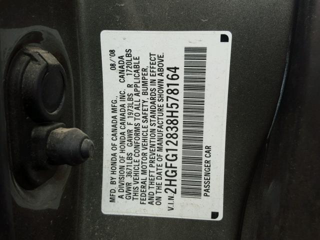 2HGFG12838H578164 - 2008 HONDA CIVIC EX GRAY photo 10