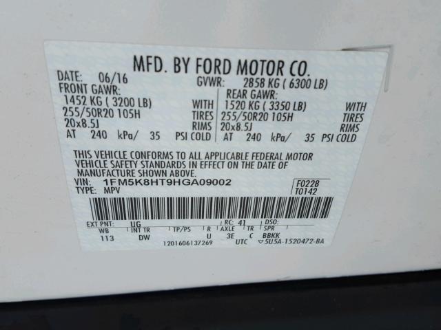 1FM5K8HT9HGA09002 - 2017 FORD EXPLORER P WHITE photo 10