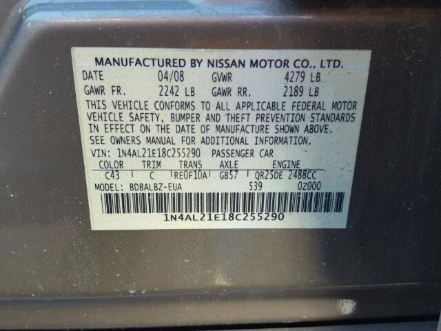 1N4AL21E18C255290 - 2008 NISSAN ALTIMA 2.5 TAN photo 10