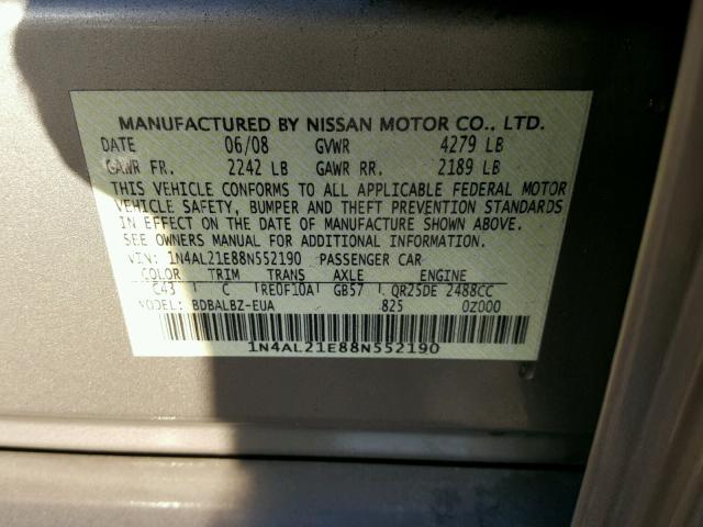 1N4AL21E88N552190 - 2008 NISSAN ALTIMA 2.5 BROWN photo 10