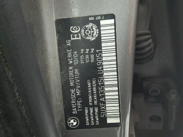 5UXFA13515LU49051 - 2005 BMW X5 3.0I GRAY photo 10