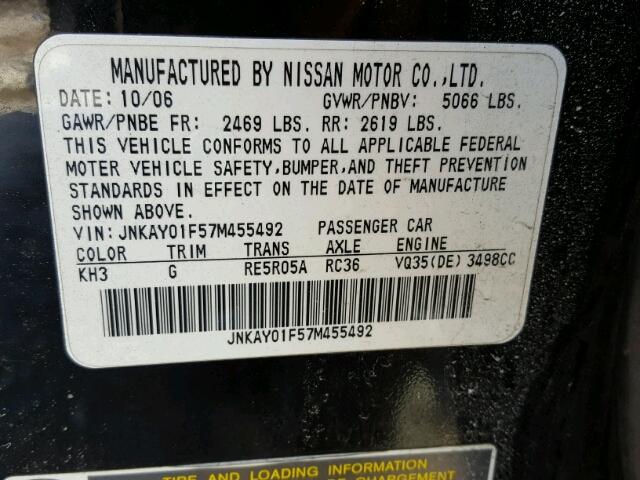 JNKAY01F57M455492 - 2007 INFINITI M35 BASE BLACK photo 10