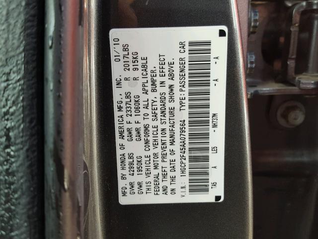 1HGCP2F45AA079564 - 2010 HONDA ACCORD LXP GRAY photo 10