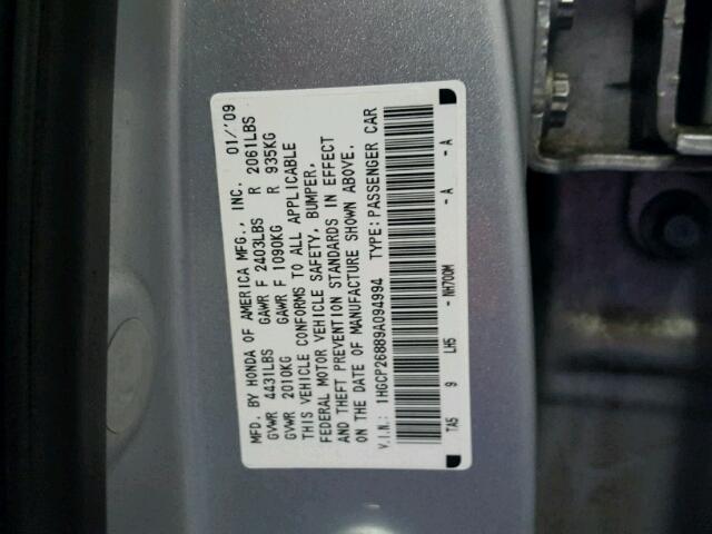1HGCP26889A094994 - 2009 HONDA ACCORD EXL SILVER photo 10