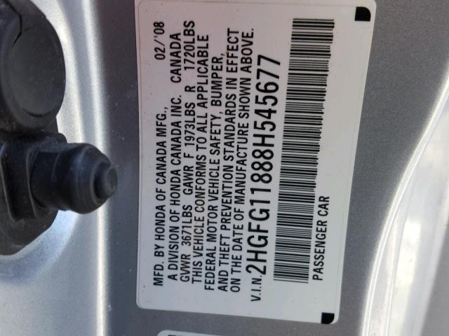 2HGFG11888H545677 - 2008 HONDA CIVIC EX SILVER photo 10