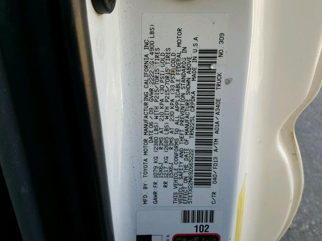 5TETX22N69Z665222 - 2009 TOYOTA TACOMA ACC WHITE photo 10