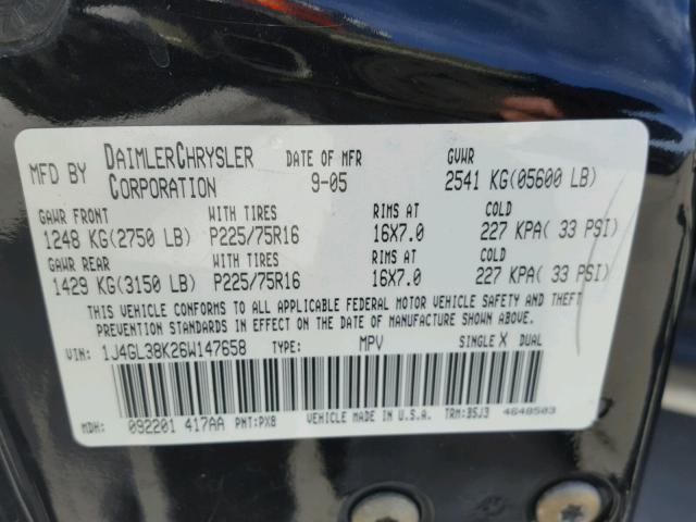 1J4GL38K26W147658 - 2006 JEEP LIBERTY RE BLACK photo 10