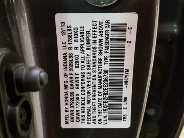 19XFB2F82EE206738 - 2014 HONDA CIVIC EX GRAY photo 10