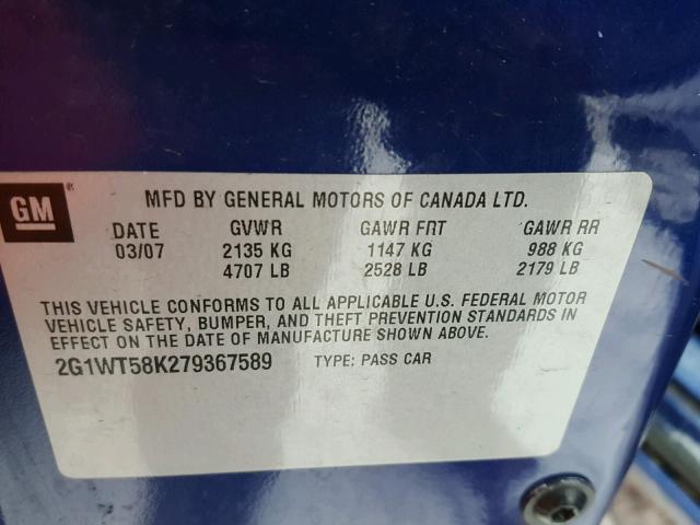 2G1WT58K279367589 - 2007 CHEVROLET IMPALA LT BLUE photo 10