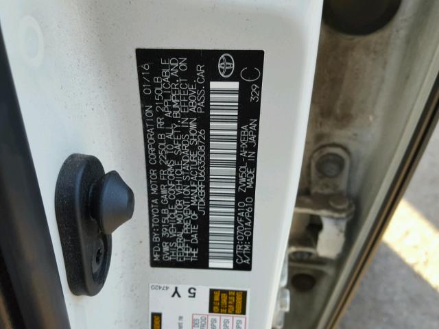 JTDKBRFU6G3508726 - 2016 TOYOTA PRIUS WHITE photo 10