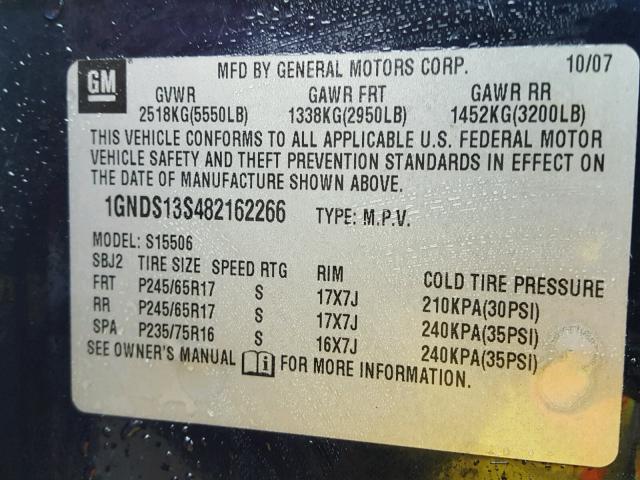 1GNDS13S482162266 - 2008 CHEVROLET TRAILBLAZE BLUE photo 10