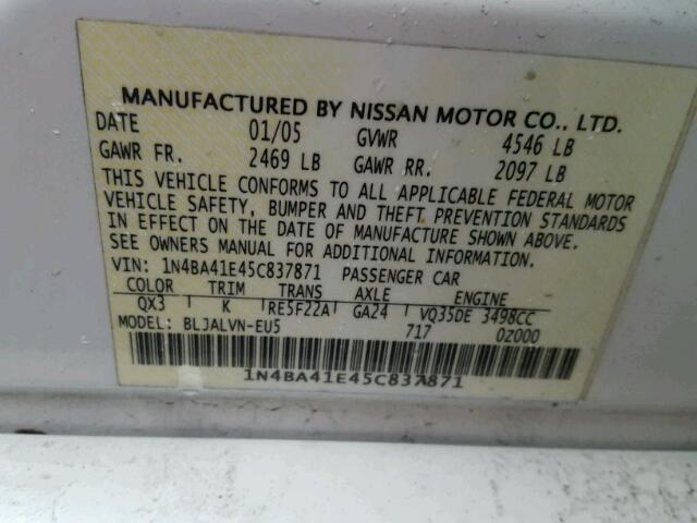 1N4BA41E45C837871 - 2005 NISSAN MAXIMA SE WHITE photo 10