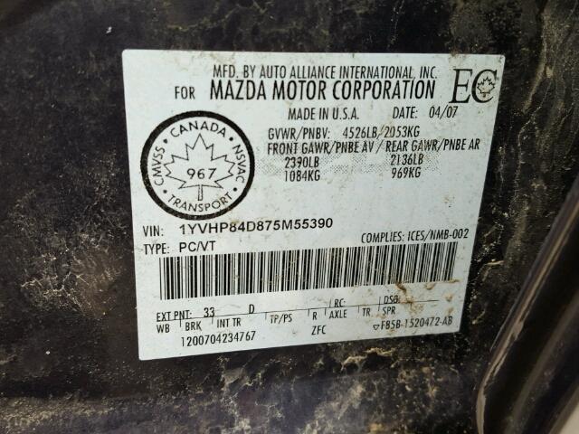 1YVHP84D875M55390 - 2007 MAZDA 6 S Gris photo 10