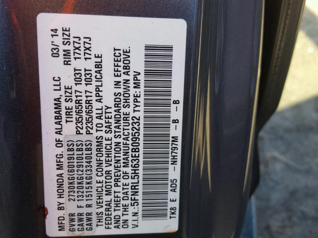 5FNRL5H63EB095232 - 2014 HONDA ODYSSEY EX GRAY photo 10