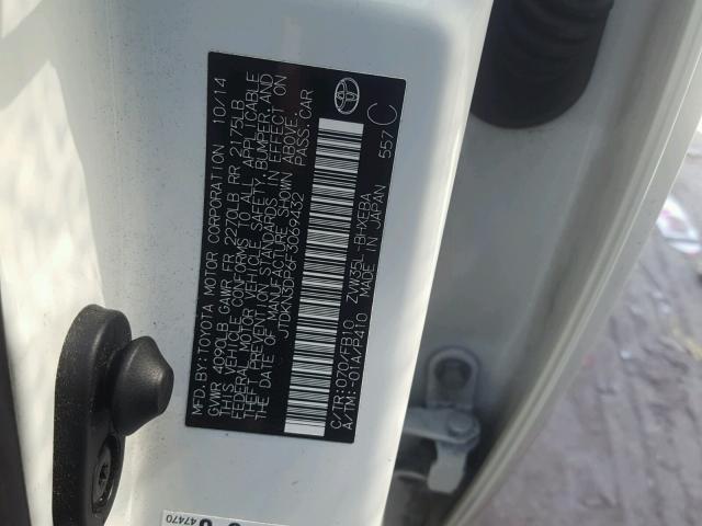 JTDKN3DP6F3069432 - 2015 TOYOTA PRIUS PLUG WHITE photo 10