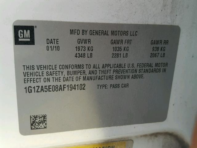 1G1ZA5E08AF194102 - 2010 CHEVROLET MALIBU LS WHITE photo 10