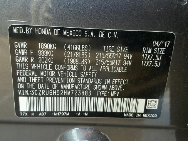 3CZRU6H52HM723883 - 2017 HONDA HR-V EX GRAY photo 10