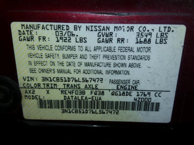 3N1CB51D76L567472 - 2006 NISSAN SENTRA 1.8 MAROON photo 10