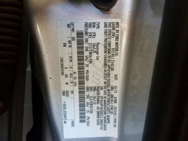 1FAHP3H22CL368310 - 2012 FORD FOCUS SEL SILVER photo 10