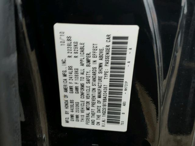 1HGCS1B79BA004067 - 2011 HONDA ACCORD EX BLACK photo 10