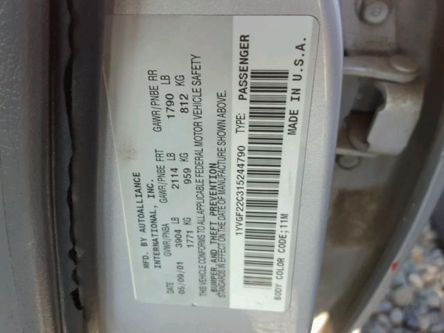 1YVGF22C315244790 - 2001 MAZDA 626 ES SILVER photo 10