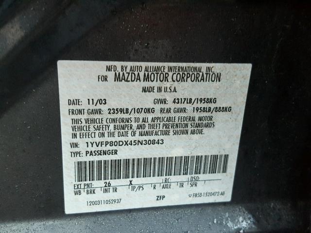 1YVFP80DX45N30843 - 2004 MAZDA 6 S GRAY photo 10