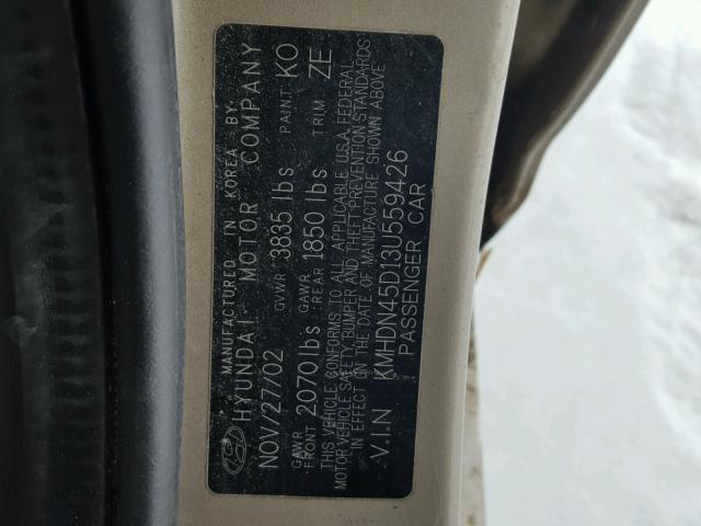 KMHDN45D13U559426 - 2003 HYUNDAI ELANTRA GL GOLD photo 10