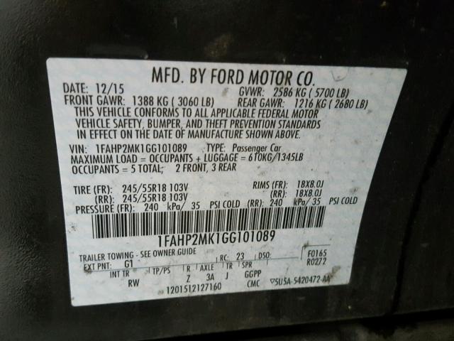 1FAHP2MK1GG101089 - 2016 FORD TAURUS POL BLACK photo 10