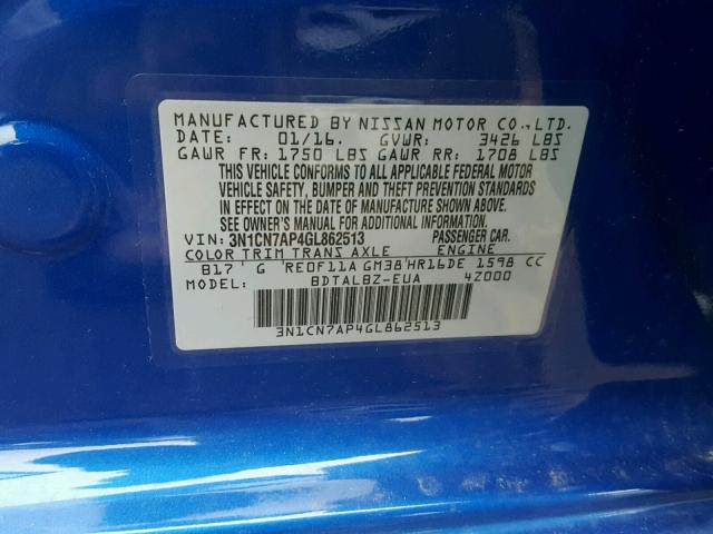 3N1CN7AP4GL862513 - 2016 NISSAN VERSA S BLUE photo 10