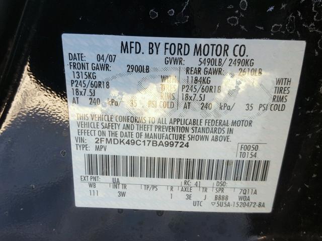 2FMDK49C17BA99724 - 2007 FORD EDGE SEL P BLACK photo 10