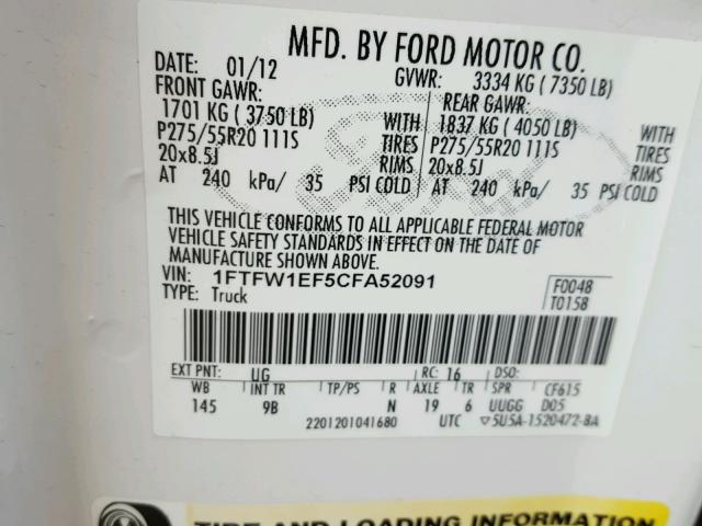 1FTFW1EF5CFA52091 - 2012 FORD F150 SUPER WHITE photo 10