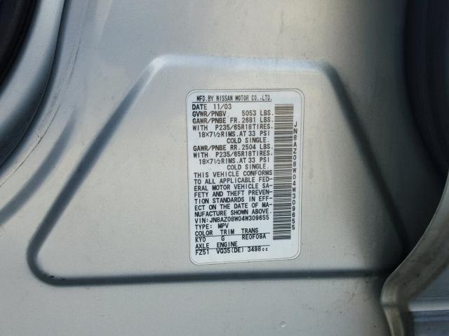 JN8AZ08W04W309655 - 2004 NISSAN MURANO SL SILVER photo 10