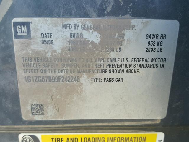 1G1ZG57B99F242246 - 2009 CHEVROLET MALIBU LS GRAY photo 10