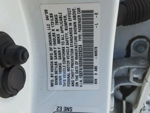 19XFA16559E029224 - 2009 HONDA CIVIC LX WHITE photo 10