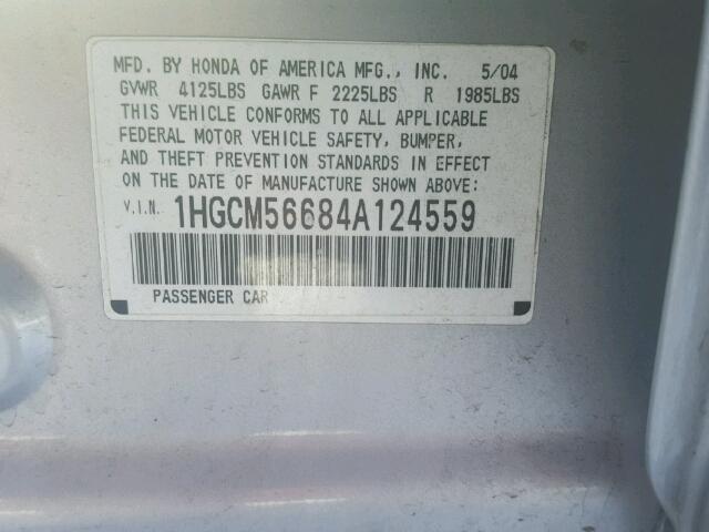 1HGCM56684A124559 - 2004 HONDA ACCORD EX GRAY photo 10