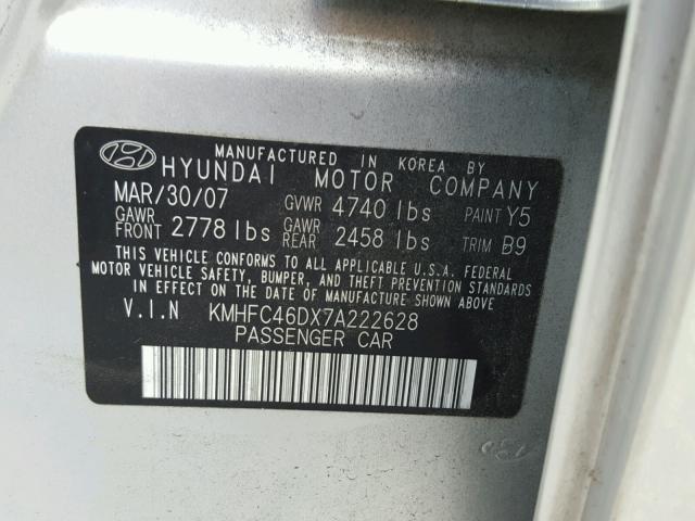 KMHFC46DX7A222628 - 2007 HYUNDAI AZERA GLS SILVER photo 10