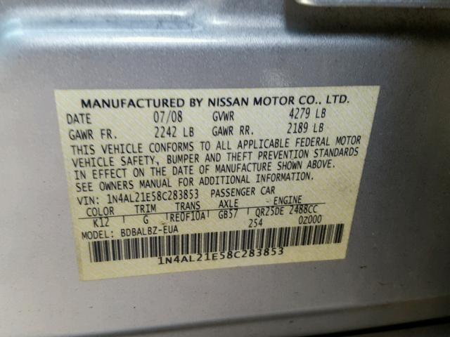 1N4AL21E58C283853 - 2008 NISSAN ALTIMA 2.5 SILVER photo 10