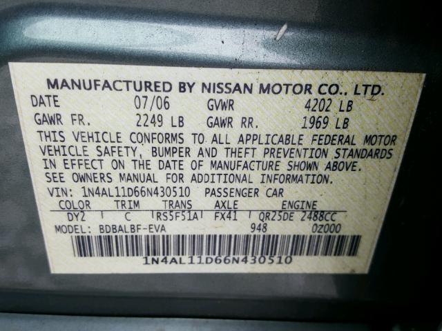 1N4AL11D66N430510 - 2006 NISSAN ALTIMA S GREEN photo 10